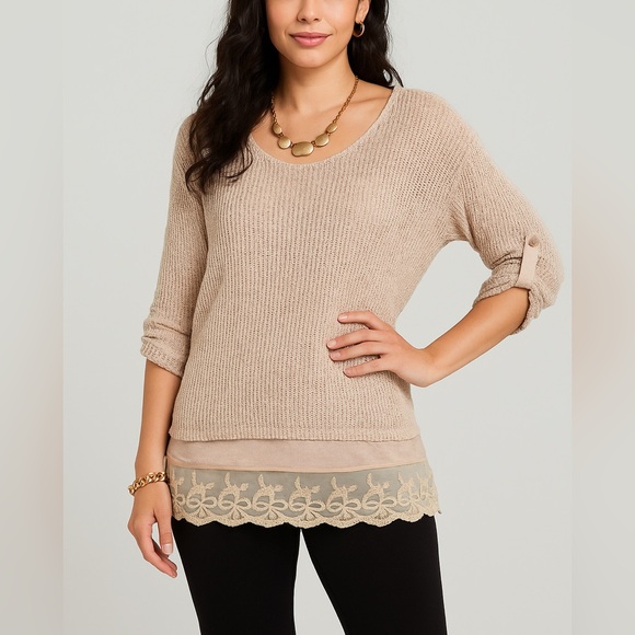 Indigo Soul Beige Sheer Knit Lace Hem Tunic Top | 2XL - Picture 3 of 14